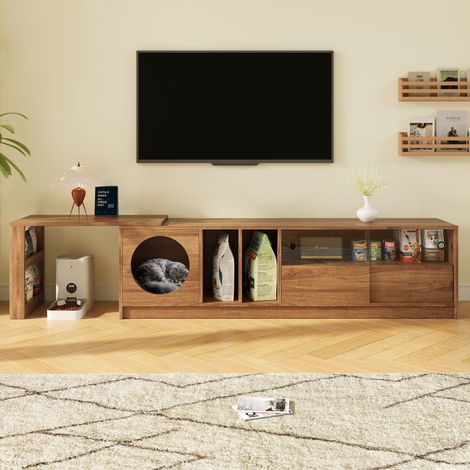 Mobile porta TV, mobile porta TV girevole con contenitore, 2 ante in vetro temperato, 1 cuccia per gatti, 180/260×40×50 cm, MDF, marrone (1/5)