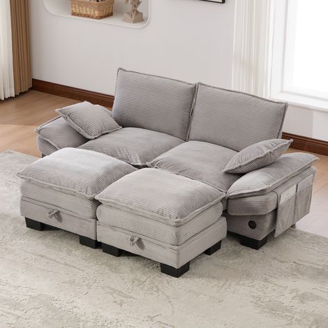 Canapé 2 plazas modular de pana gris claro 190x132x84 cm con 2 pufs, USB-C y bolsillos laterales (1/5)
