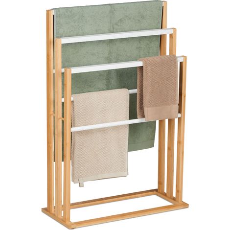 Relaxdays Toallero de Pie con 6 Barras, Bambú, 82 x 55 x 24 cm, Autónomo, Portatoallas Baño y Ducha, Natural y Blanco