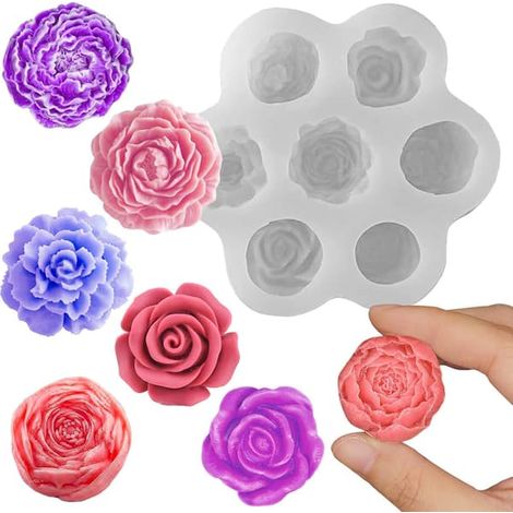 Moule en silicone à 7 cavités avec motifs de roses et de pivoines pour fondant au chocolat, bonbons, décoration de gâteaux, gelées, desserts, glaçons, savons et résine florale. (1/5)