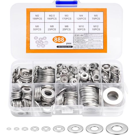 888 PcsRondelles Inox, Rondelles Metal, Rondelle de Blocage, Rondelles Plates en Acier Inoxydable pour Vis Boulons et d'écrous, M2 M2.5 M3 M4 M5 M6 M8 M10 M12 (1/5)