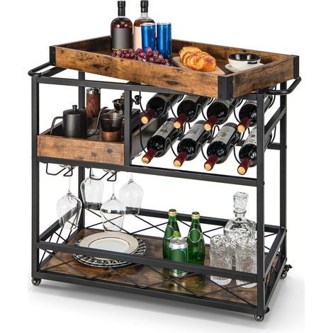 Pour Cuisine et Salon Chariot de Service avec Range-Bouteilles et Verres Plateau Amovible Brun Rustique (1/5)