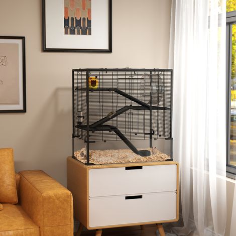 Cage à hamster avec fond en verre - 78,5L x 48,5 L x 80 cm - enclos à hamster à 4 niveaux avec cabane et accessoires - noir (1/4)