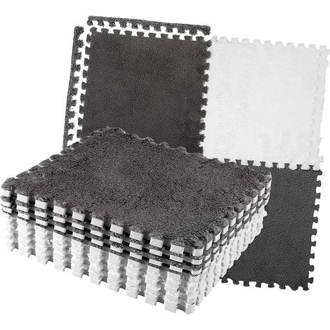 Tapis de Sol en Mousse Peluche, Tapis Emboîtable Antidérapant, Polyvalent pour Les Aires de Jeux et Les Chambres, 10 Puzzle Doux 30x30cm (Gris Blanc) (1/4)