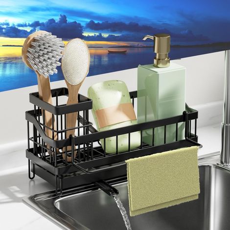 Organiseur évier inox, porte éponge brosse amovible séparateur rangement cuisine noir (1/5)