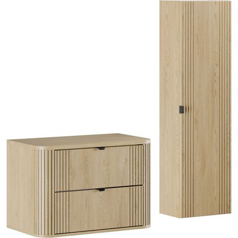 Ensemble OVALIA chêne meuble suspendu sous vasque avec plan 80 cm et colonne 40 x 140 cm (1/5)