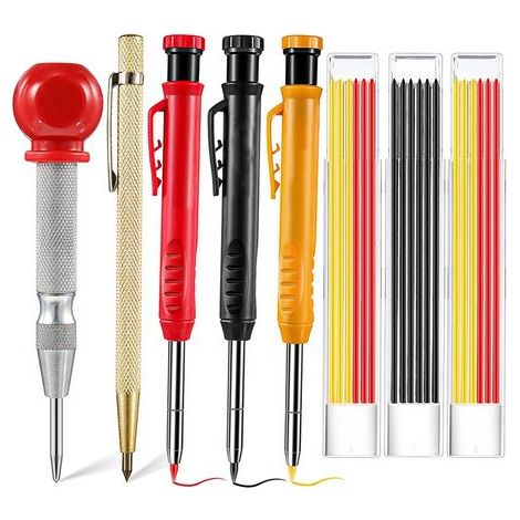Kit de Crayons de Charpentier Mécanique avec Poinçon Central, Crayons à Bois Massif à Trous Profonds Pointe à Tracer en Carbure avec Taille-Crayon Intégré, 18 Recharges Gris Rouge H427