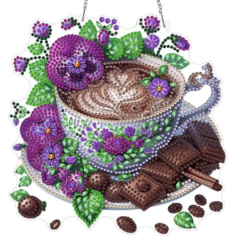 Diamant Painting Anhänger mit Kette, Stiefmütterchen Kaffee Schokolade, Fensterbild Deko-Set (1/4)