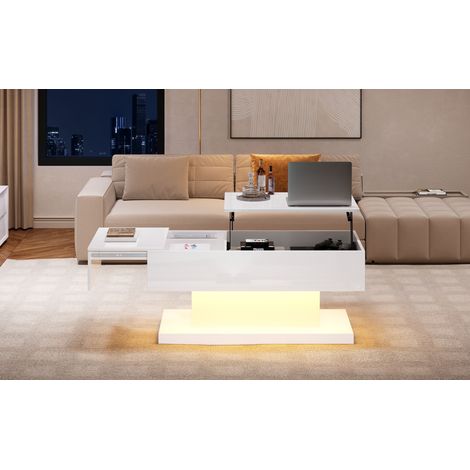 Table basse blanche laquée 100 x 50 x 45 cm avec plateau relevable et coulissant, LED et rangement pour salon et salle à manger (1/5)