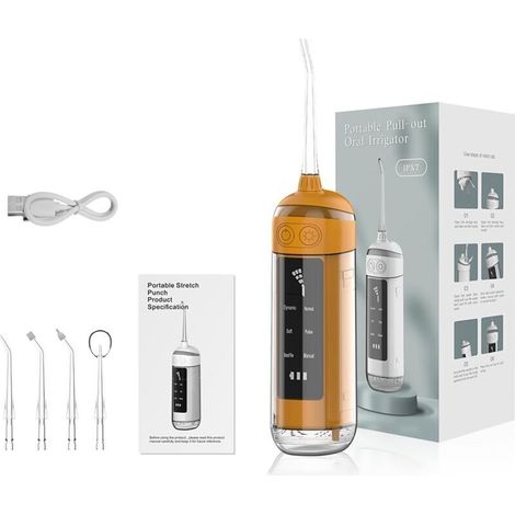 Douche buccale 6 modes - Irrigateur buccal portable. étanche IPX7. fil dentaire inclus. brosse à dents avec 4 embouts. à domicile et en voyage. orange (1/5)