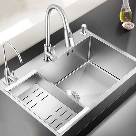 Evier de Cuisine en Acier Inoxydable Évier 1 bac avec 3 Trous de Montage 60  45 cm Evier de Cuisine Kit (Argent) (1/5)
