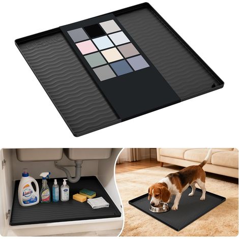 Tapis sous Évier en Silicone 48 x 48 cm, Protection Meuble Étanche  Plateau de protection, rebord anti-fuite, fond antidérapant, cuisine, salle de bain, buanderie, garage, sous lavabo (Noir) (1/5)
