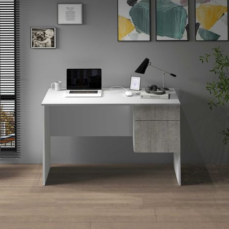 WHOUS Scrivania Easy 1 anta e 1 cassetto bianco opaco e cemento 110x50x75 cm (1/5)