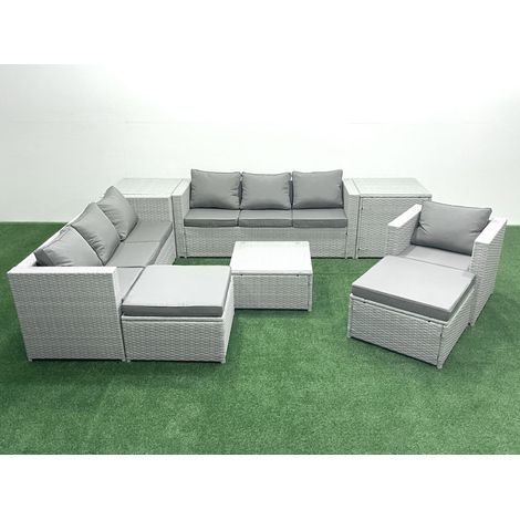 Fimous Meubles d'extérieur en rotin avec Fauteuil Table basse carrée 2 Grand tabourets 2 Tables d'appoint Gris clair mixte (1/5)