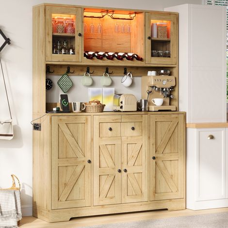 MODFU – Credenza cucina 140x40x173 cm in MDF con LED RGB, prese USB, portabicchieri, portabottiglie, ripiani regolabili e carico 60 kg – Naturale (1/5)