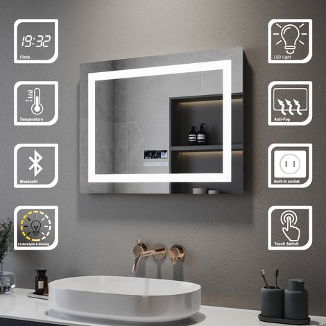 ELEGANT Bathroom LED Mirror 800 x 600 mm Wall Mounted Bathroom Vanity Mirror with Shaver Socket, Bluetooth, Demister Pad, Adjustable Light (1/5)