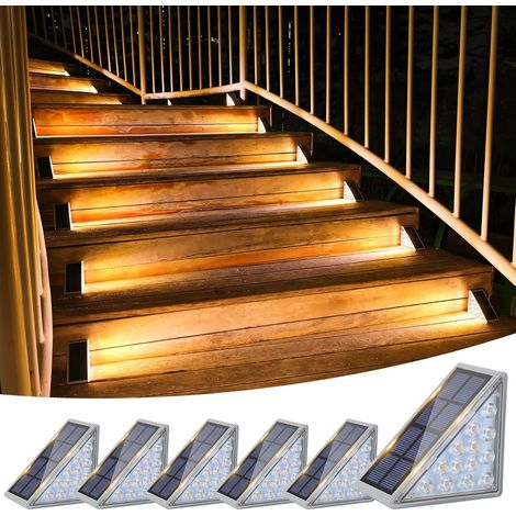 Lot de 6 lampes solaires d'escalier, lampes solaires d'extérieur étanches IP67, lampes d'escalier d'extérieur à LED pour escalier de jardin, escalier, marche avant, porche et terrasse (blanc chaud) (1/4)