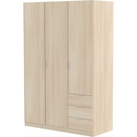 Loungitude – Armoire NINA penderie 3 portes 3 tiroirs L121 x H180 cm – Bois clair – Rangement optimisé pour vêtements et linge (1/5)