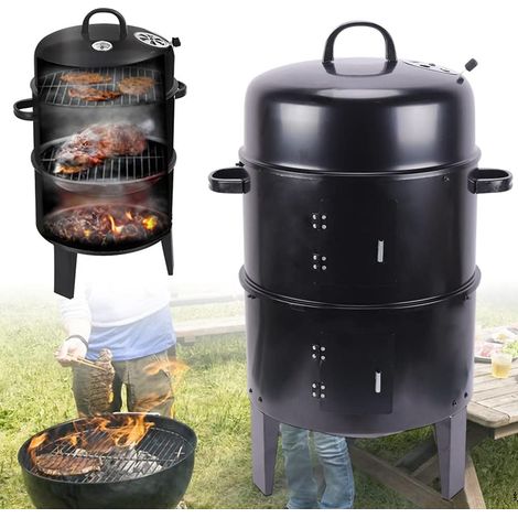 Fumoir 3 en 1 avec thermomètre, force du vent réglable, barbecue au charbon de bois, 2 couches, noir, 84 cm, barbecue multifonction
