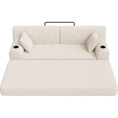 Sofá Cama 3 Plazas en Terciopelo Rizado, Respaldo Alto, 4 Bolsillos Laterales, 2 Portavasos, Beige (1/5)