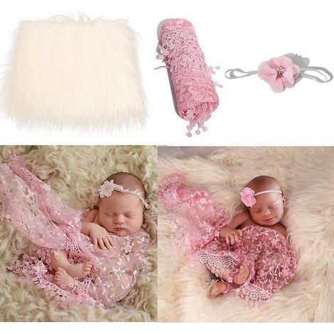 Baby-Foto-Set, 3-teilig: Beige + Rosa Babydecke + Neugeborenen-Wickeltuch + Blumenstirnband, geeignet für Jungen und Mädchen (1/5)
