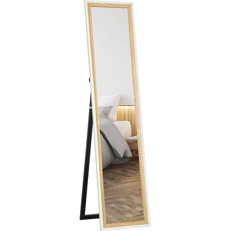 Miroir soleil, miroir sur pied avec cadre effet bois, suspendu, 157 x 37 cm, blanc