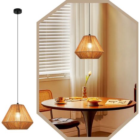 Pendelleuchte Vintage GBLY Hängelampe Esstisch- Pendellampe 1 Flammig Esszimmer Hängeleuchte Diamant-Design Hanfseil E27 Esstischlampe für Schlafzimmer Wohnzimmer Flur(Ohne Leuchtmittel)