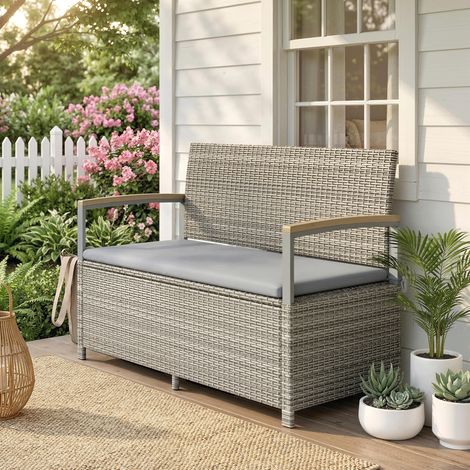 Banc de jardin banquette coussin déhoussable résine tressée gris avec coffre de rangement 170l 2 places 120x60x84cm aménagement intérieur