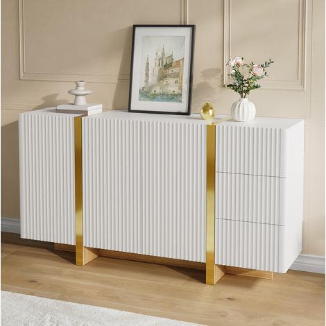 Credenza 140x36x75 cm bianca, 3 ante battenti, 3 cassetti, vani separati, cerniere ammortizzate, base effetto legno (1/5)