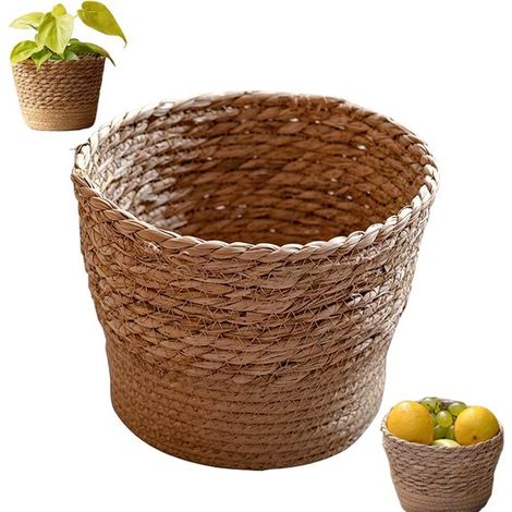 Panier de rangement - Paniers de rangement - Panier rond - Panier - Panier pour pot de fleurs - Paniers en jonc de mer - Panier tressé à la main - Imperméable - Doublé - Pour plantes et rangement (15, (1/5)