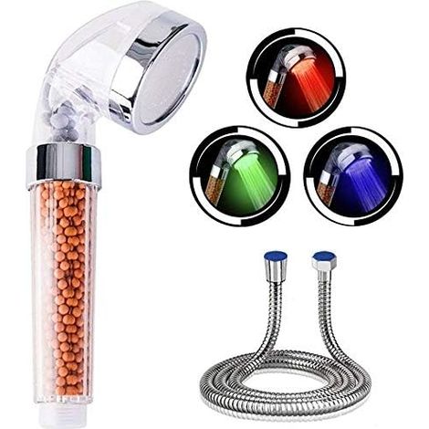 Douchette à main 7 Couleurs LED avec Tuyau,Douchette de Douche LED, Douchette douche salle de bain Pommeau de douche Haute Pression Economie d'Eau Pulvérisateur et double filtre anti chlore (1/5)