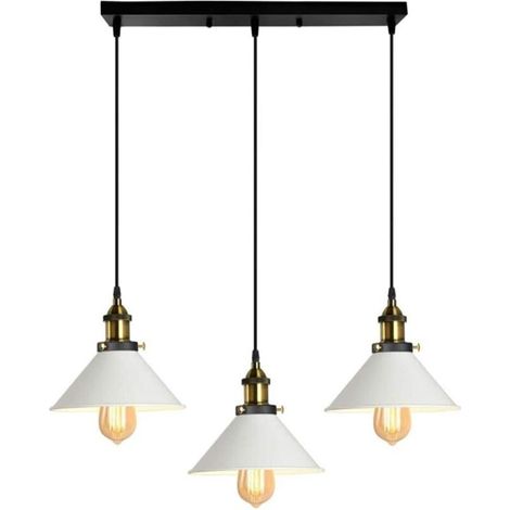 Lustre Suspension industrielle vintage en métal fer rétro abat-jour luminaire 22cm lampe plafonnier corde ajustable ,E27 Blanc et noir (1/4)