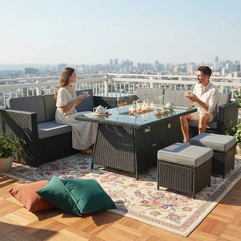 BIRCHTREE 8-Seater Rattan Furniture Set with Fire Pit Table and Side Table & Stool Black