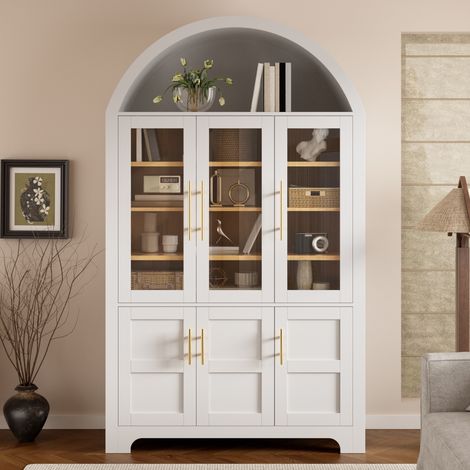 Buffet haut de cuisine 110x40x185 cm blanc - avec vitrine portes en verre étagères réglables et niche arquée - meuble de rangement moderne (1/5)