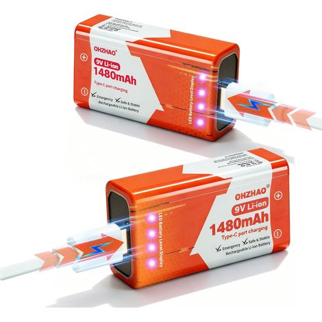 Lot de 2 Piles Rechargeables 9V, 1480 mAh. Pile 9 V Longue durée avec indicateur LED, Recharge USB-C Via câble fourni, pour détecteurs de fumée, multimètres, Microphones, talkies-Walkies (1/5)