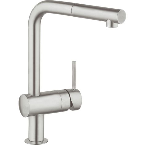 GROHE Minta - Rubinetto per lavello da cucina con doccetta estraibile (bocca a L, raggio di rotazione di 360°, cartuccia in ceramica da 46 mm, attacchi da 3/8 pollici), Supersteel, 32168DC0 (1/5)