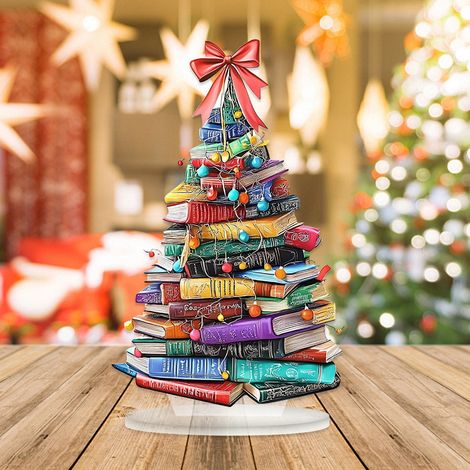 Arbre De Noël En Acrylique - Décoration De Bureau Thème Livres - 25 X 18 Cm Et 25 X 16 Cm - Pour Bureau, Bibliothèque Ou Étagère - 1 Pièce (1/5)