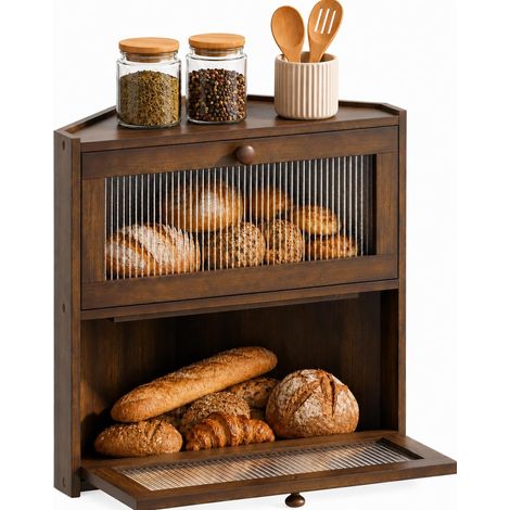 Boîte à pain d'angle pour comptoir de cuisine, récipient de rangement à pain en bambou double couche avec fenêtres ondulées, grande boîte à pain, support en bois pour pain fait maison (1/5)