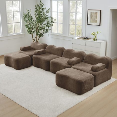 Canapé Modulaire en Forme de U 4 Places avec 2 Ottomans, Design Vague, Mousse Haute Densité 32D, Tissu Doux pour le Salon, Marron (1/5)