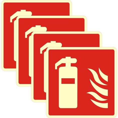 Lot de 4 panneaux d'extincteur adhésif 15 x 15 cm PVC photoluminescent auto-adhésif extincteur panneaux de signalisation de sécurité, imperméable, pour extérieur et intérieur (1/5)