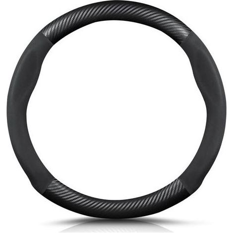Round Shape Carbon Fibre & Microfibre PU Leather Steering Wheel Cover Non-Slip Car Steering Wheel Cover Breathable Sport Car Steering Wheel Cover for Diameter 38 cm (15 Inches) - Black (1/5)