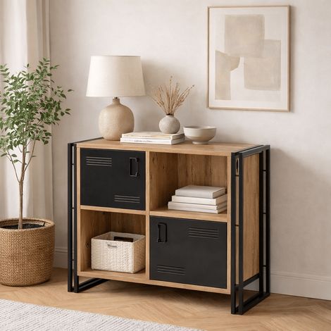Industriell Sideboard Kiefernholz Melamin Schwarz Metall Cosmo