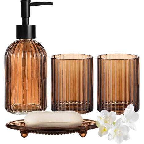 1 - Ensemble Accessoires Salle De Bain - Distributeur Savon Porte Brosse Gobelet Porte Savon - Rangement Cosmétique Hygiène Quotidienne - Marron - Dimensions Variables
