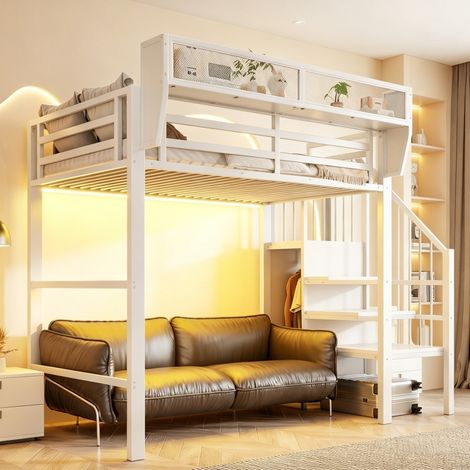 Hochbett 90x200 cm mit LED-Beleuchtung und Stauraum, stabiles Metallbett in Weiß mit Sicherheitsleiter, platzsparend für Kinder und Erwachsene (1/5)