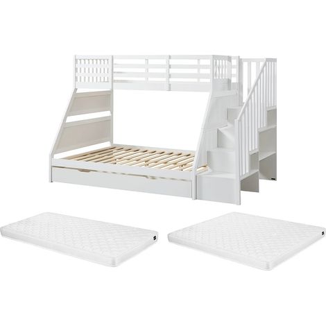 Lits superposés 90 et 140 x 190 cm avec rangements - Pin et MDF - Blanc + Matelas - LAKAYO (1/5)