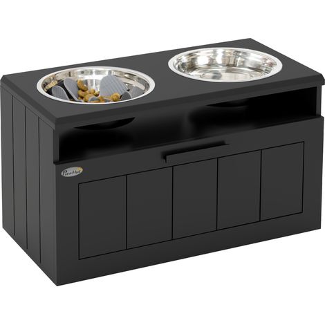 Raised Dog Bowl with Slow Feeder, Two Stainless Steel Dog Bowls, Drawer, for Large and Extra Large Dogs, Black (1/5)