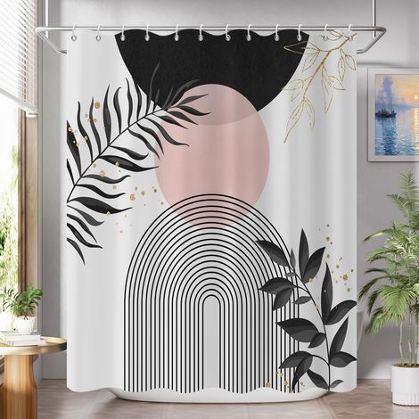 Rideau de Douche, 165x180cm, Noir Rose Boho Milieu du Siècle Moderne Abstrait Arc Soleil Géométrique Plante Botanique Tissu Pmperméable Machine Lavable Rideau de Salle de Bain avec Crochets (1/5)