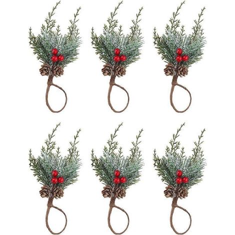 Lot de 6 ronds de serviette élégants de Noël, motif cèdre et fruits rouges (1/5)