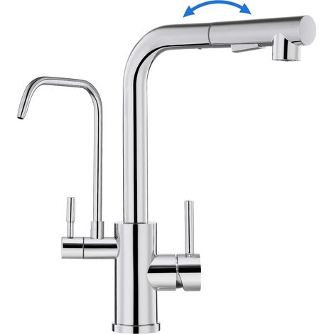 Mitigeur Cuisine 3 Voies Inox 304 Chromé Douchette Extractible Bec (1/5)