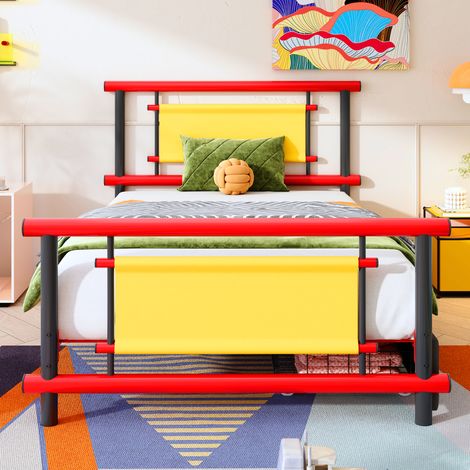 Cadre de lit métallique enfant 90x200 cm avec tiroirs. Structure acier solide aux couleurs vives,design économe d’espace pour chambre. (1/5)